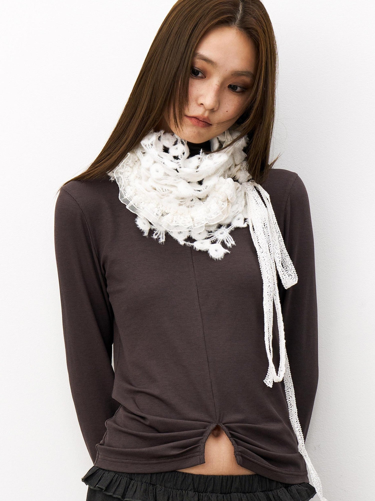 THELIGHT OFFICIAL White Fluffy Lace Stacked Warm Women's Polyester Scarves & Shawls