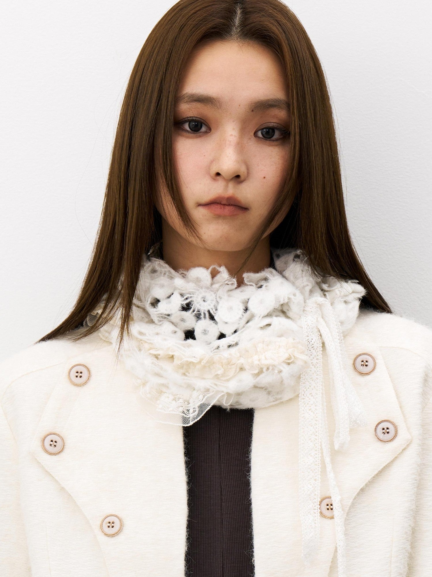 THELIGHT OFFICIAL White Fluffy Lace Stacked Warm Women's Polyester Scarves & Shawls