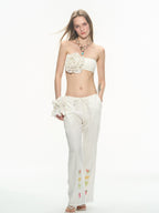 THELIGHT OFFICIAL White Fruit Print Pocket Elastic Waist Straight Loose Women's Polyester Chinos