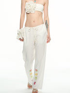 THELIGHT OFFICIAL White Fruit Print Pocket Elastic Waist Straight Loose Women's Polyester Chinos