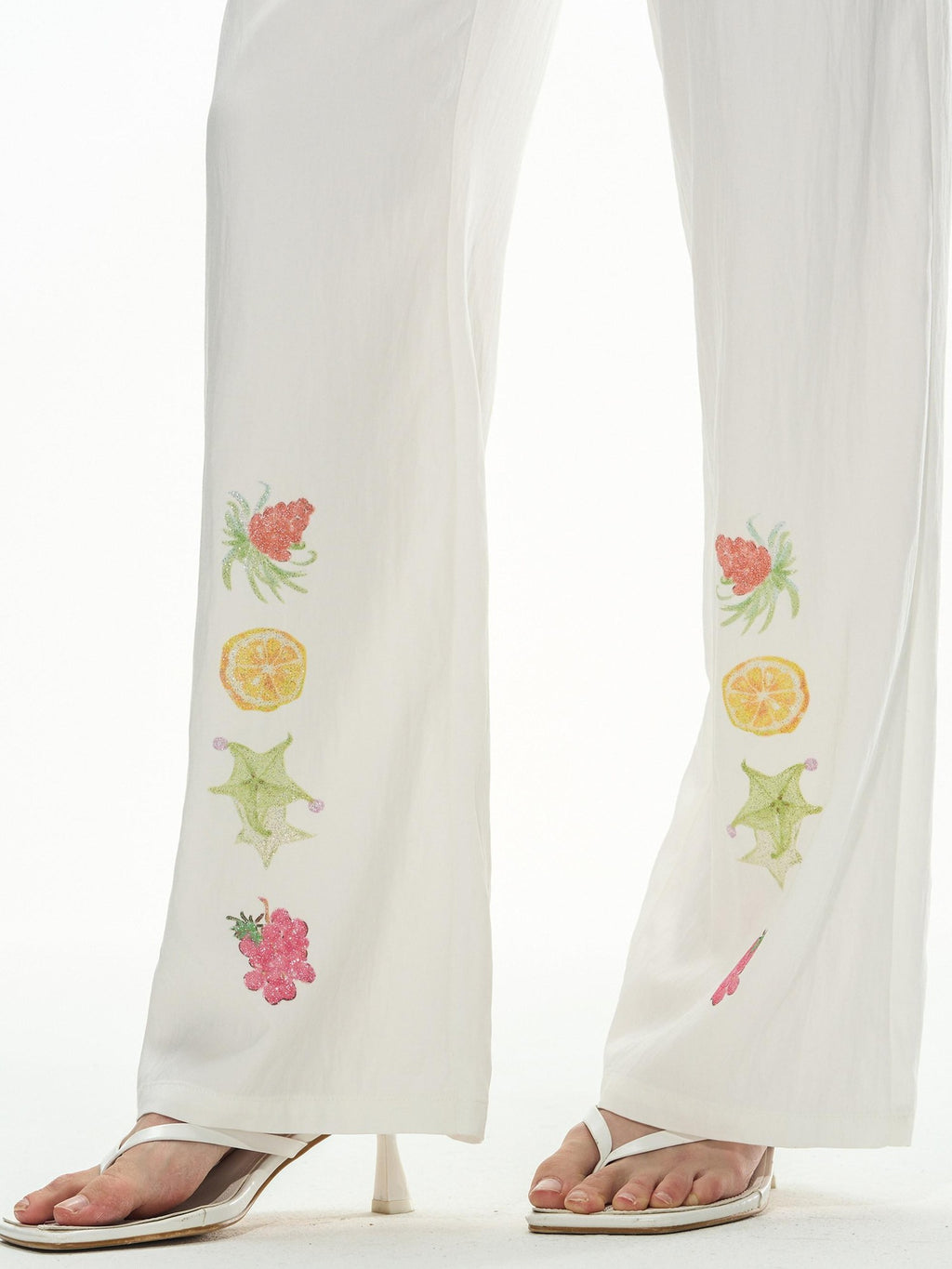 THELIGHT OFFICIAL White Fruit Print Pocket Elastic Waist Straight Loose Women's Polyester Chinos