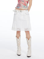 THELIGHT OFFICIAL White Lace Pleated Beaded A Line Women's Cotton Blend Midi Skirts
