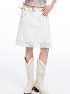 THELIGHT OFFICIAL White Lace Pleated Beaded A Line Women's Cotton Blend Midi Skirts
