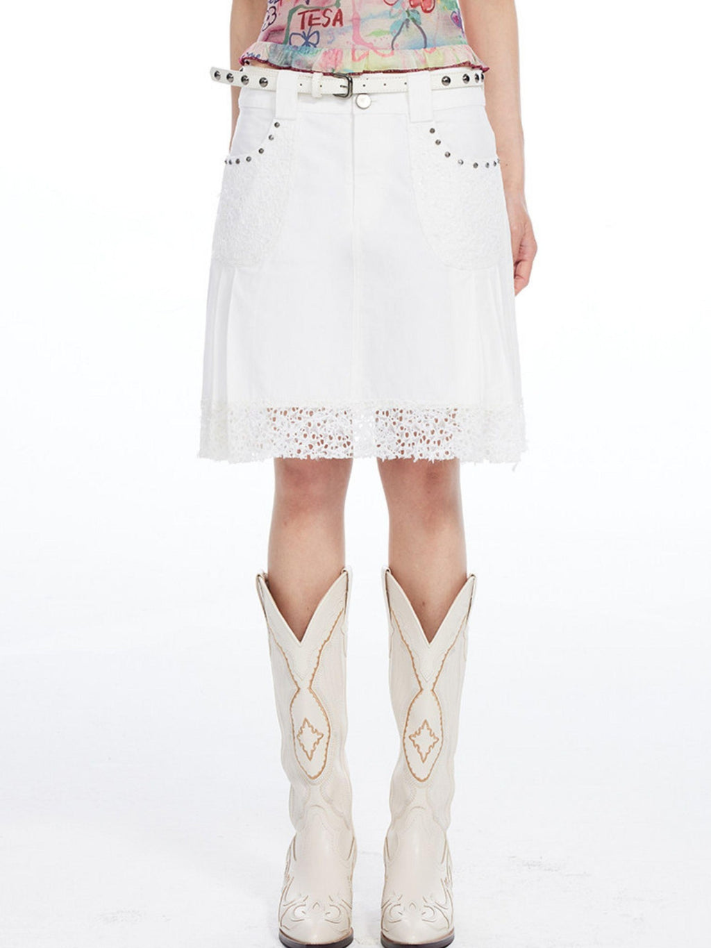 THELIGHT OFFICIAL White Lace Pleated Beaded A Line Women's Cotton Blend Midi Skirts