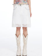 THELIGHT OFFICIAL White Lace Pleated Beaded A Line Women's Cotton Blend Midi Skirts