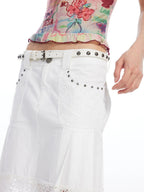 THELIGHT OFFICIAL White Lace Pleated Beaded A Line Women's Cotton Blend Midi Skirts
