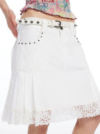 THELIGHT OFFICIAL White Lace Pleated Beaded A Line Women's Cotton Blend Midi Skirts