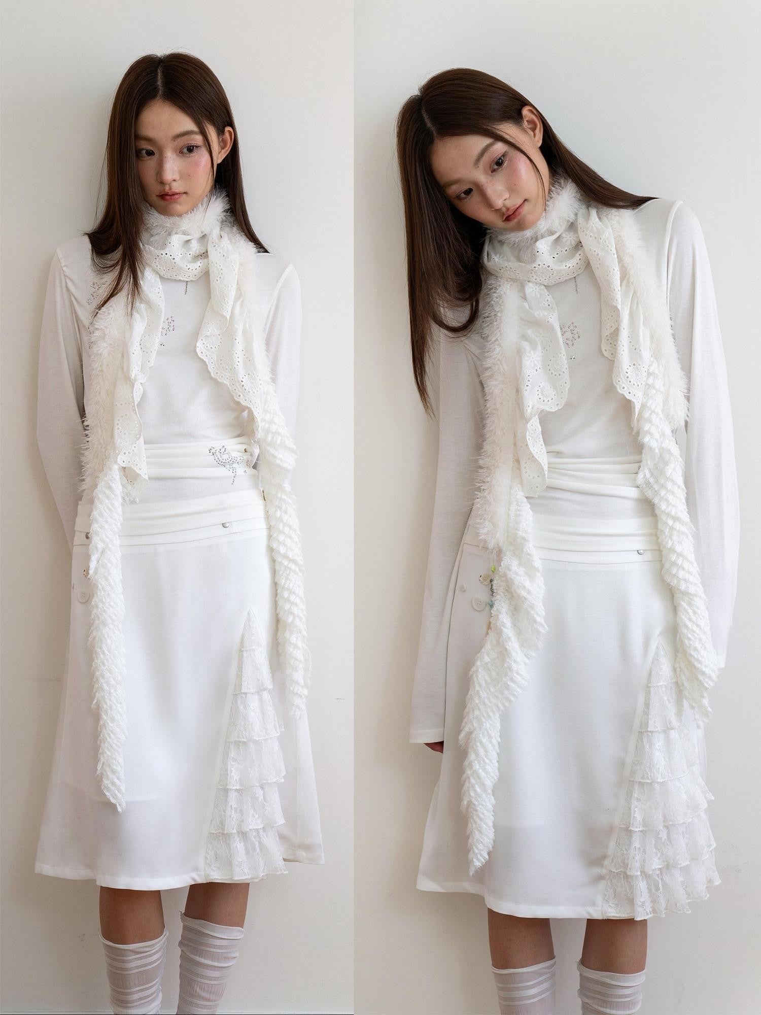 THELIGHT OFFICIAL White Patchwork Pendant Fuzzy Women's Cotton Polyester Scarves & Shawls