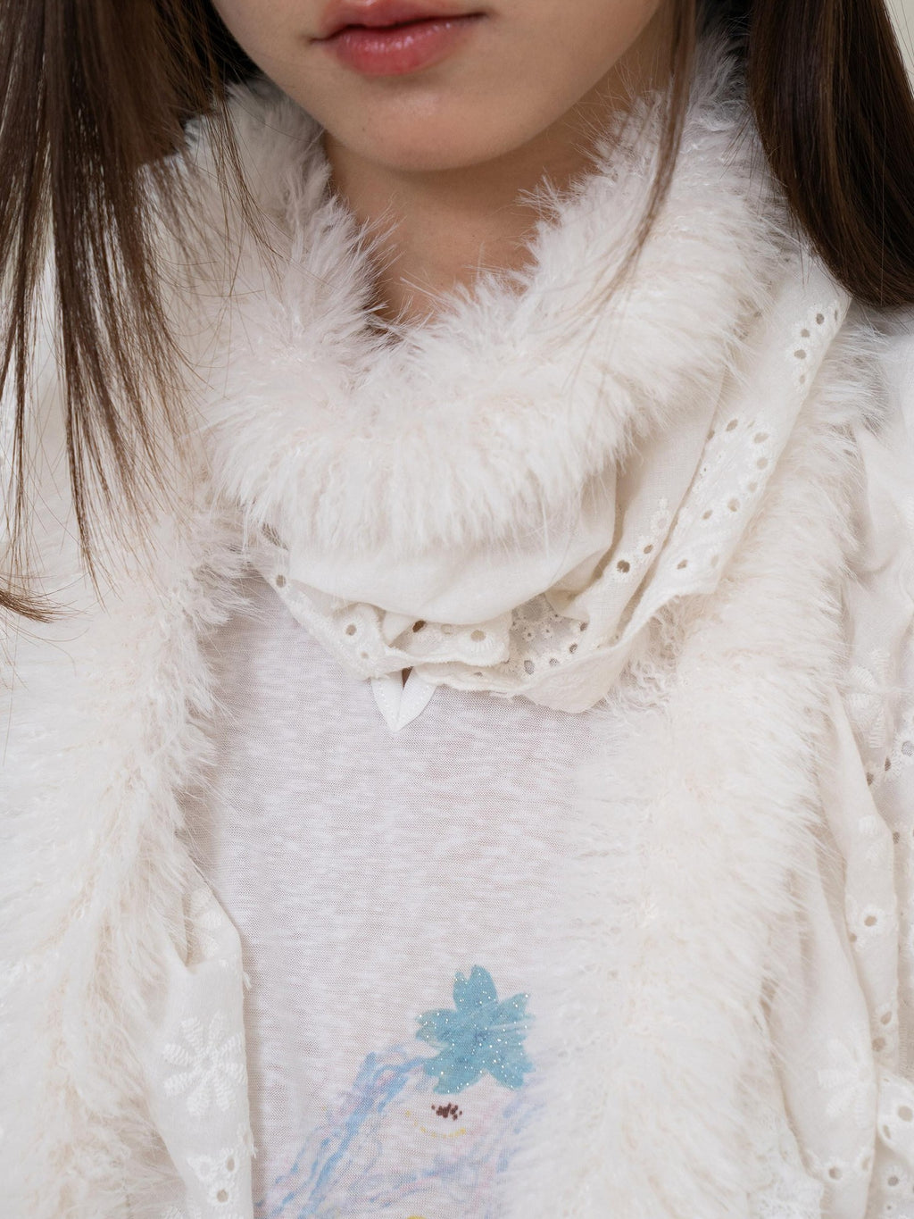 THELIGHT OFFICIAL White Patchwork Pendant Fuzzy Women's Cotton Polyester Scarves & Shawls
