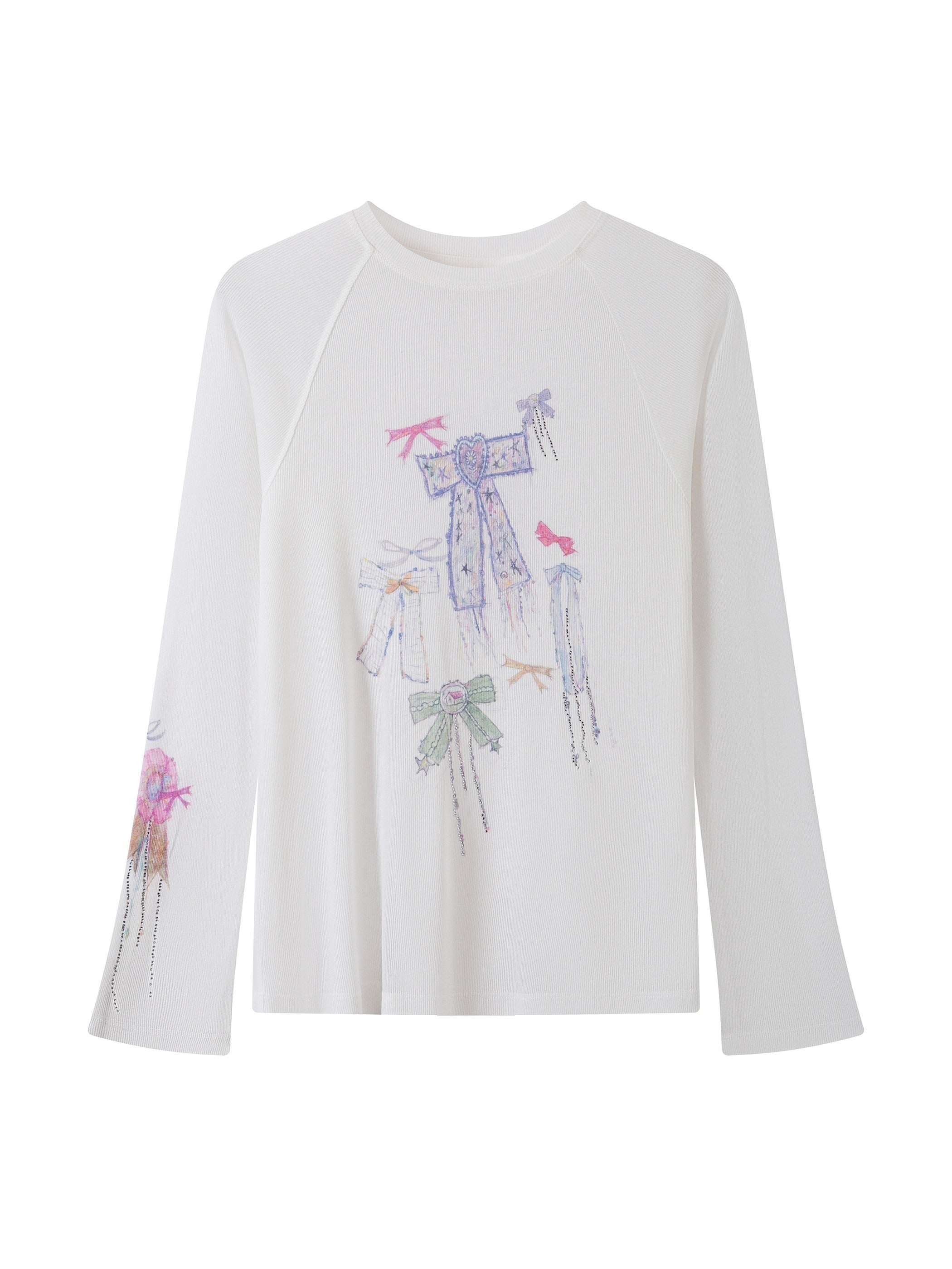 THELIGHT OFFICIAL White Printed Bow Women's Lyocell Linen Blend Long Sleeve T-shirts 979041831718