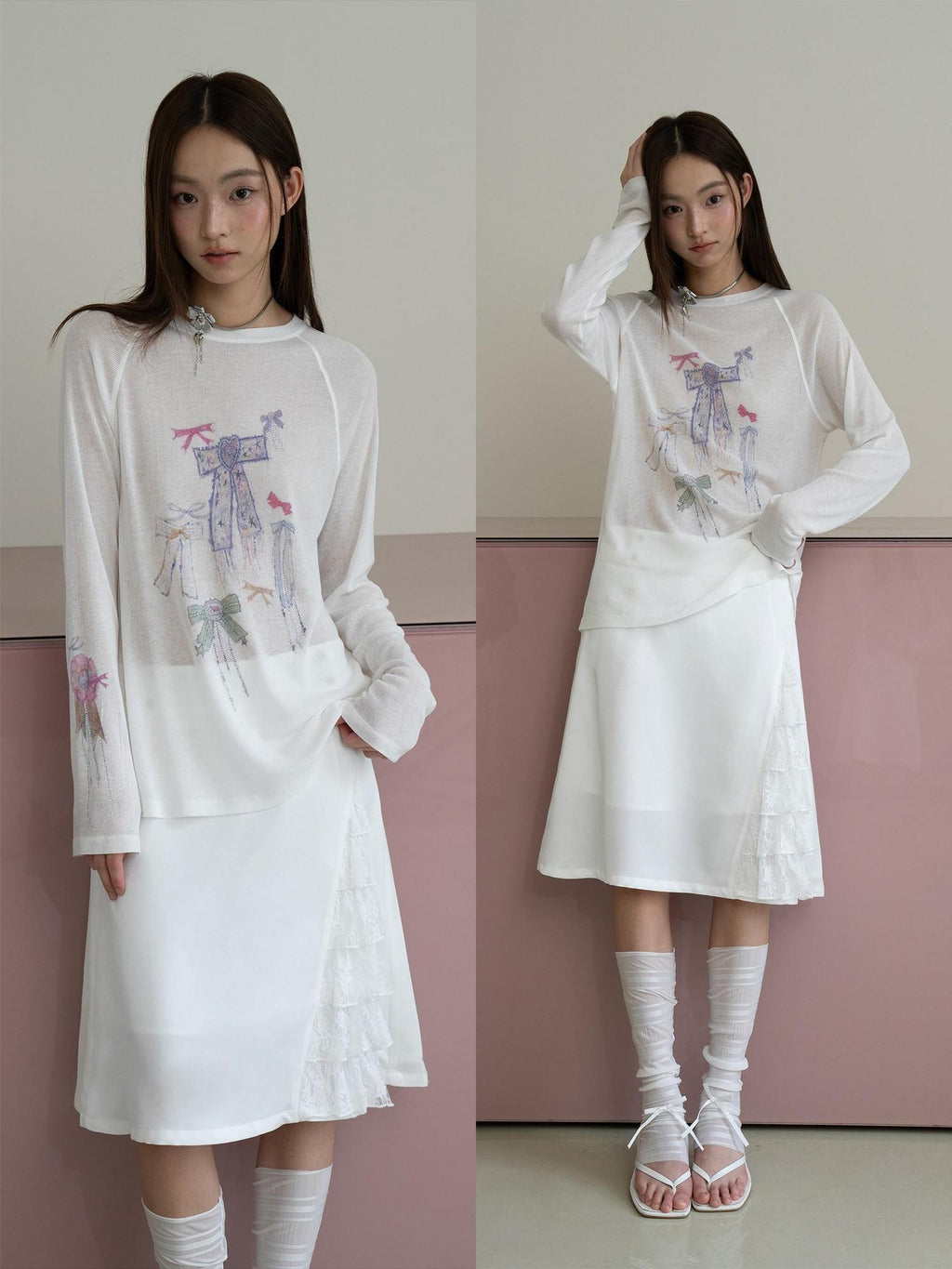 THELIGHT OFFICIAL White Printed Bow Women's Lyocell Linen Blend Long Sleeve T-shirts