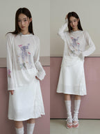 THELIGHT OFFICIAL White Printed Bow Women's Lyocell Linen Blend Long Sleeve T-shirts