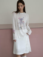 THELIGHT OFFICIAL White Printed Bow Women's Lyocell Linen Blend Long Sleeve T-shirts