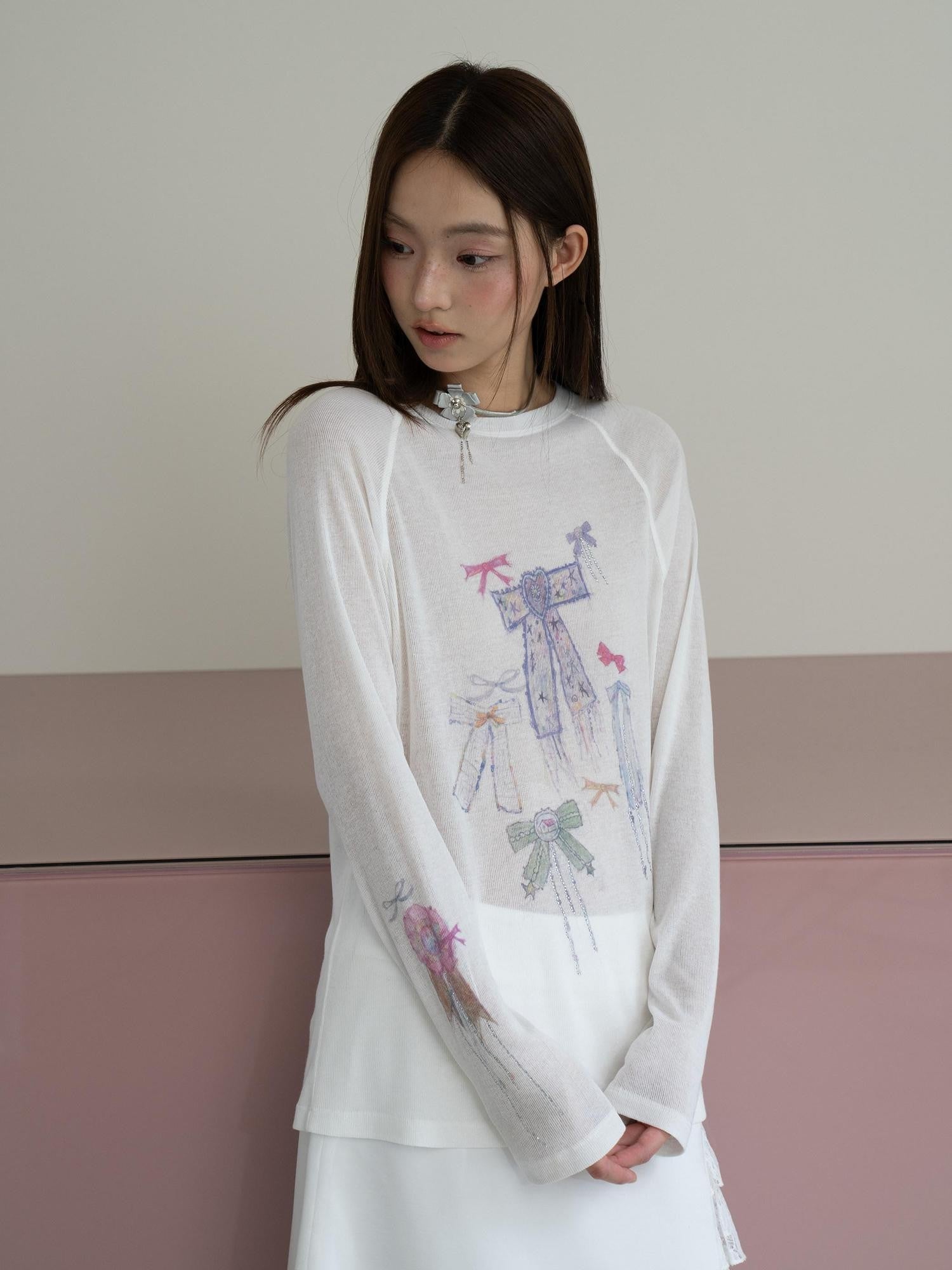 THELIGHT OFFICIAL White Printed Bow Women's Lyocell Linen Blend Long Sleeve T-shirts