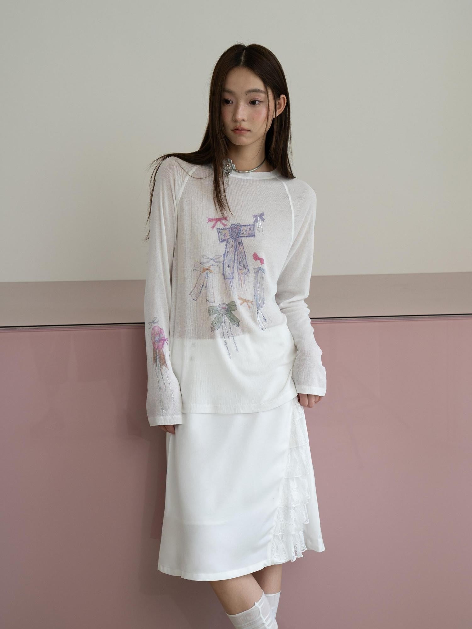 THELIGHT OFFICIAL White Printed Bow Women's Lyocell Linen Blend Long Sleeve T-shirts