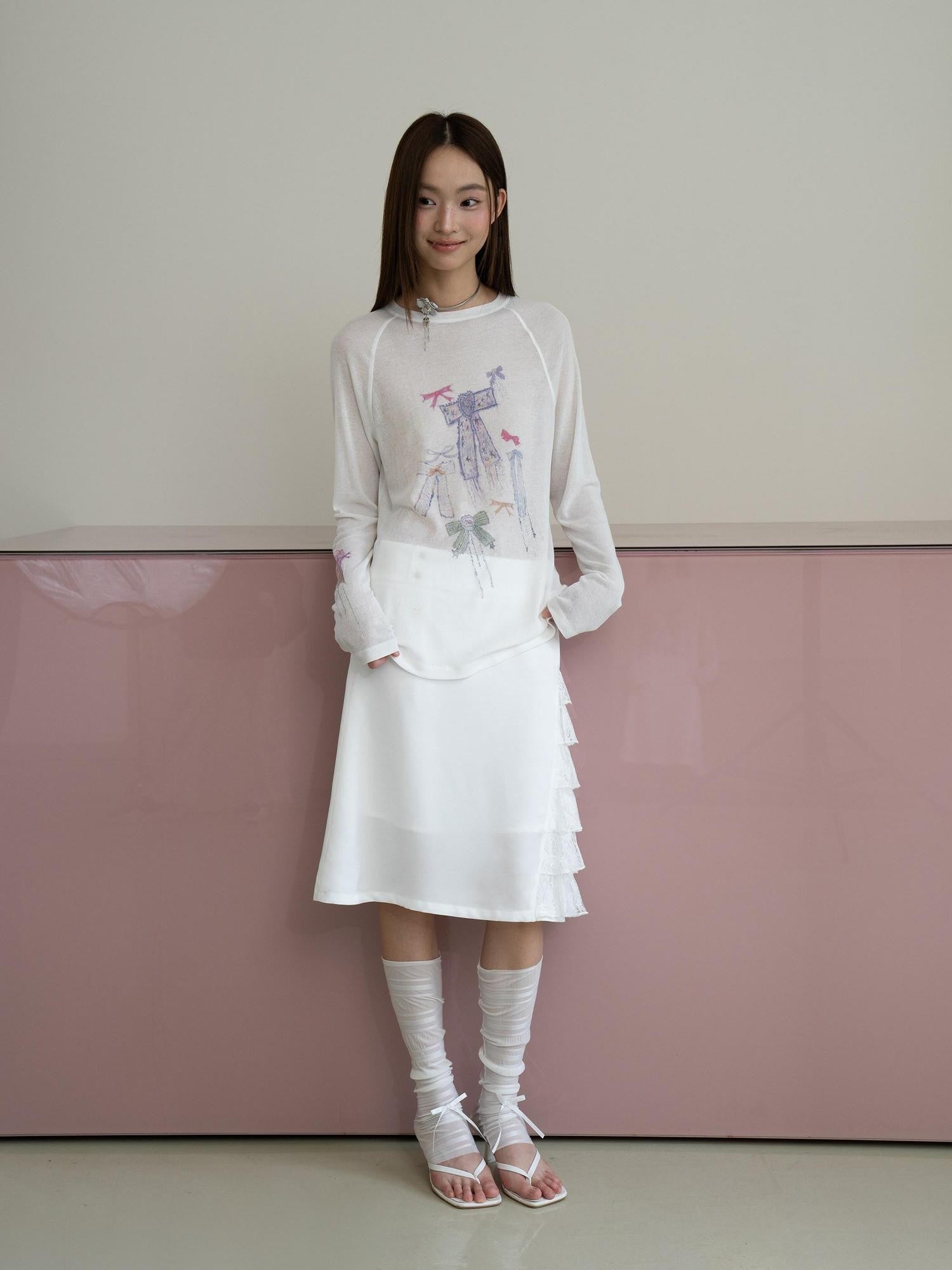 THELIGHT OFFICIAL White Printed Bow Women's Lyocell Linen Blend Long Sleeve T-shirts