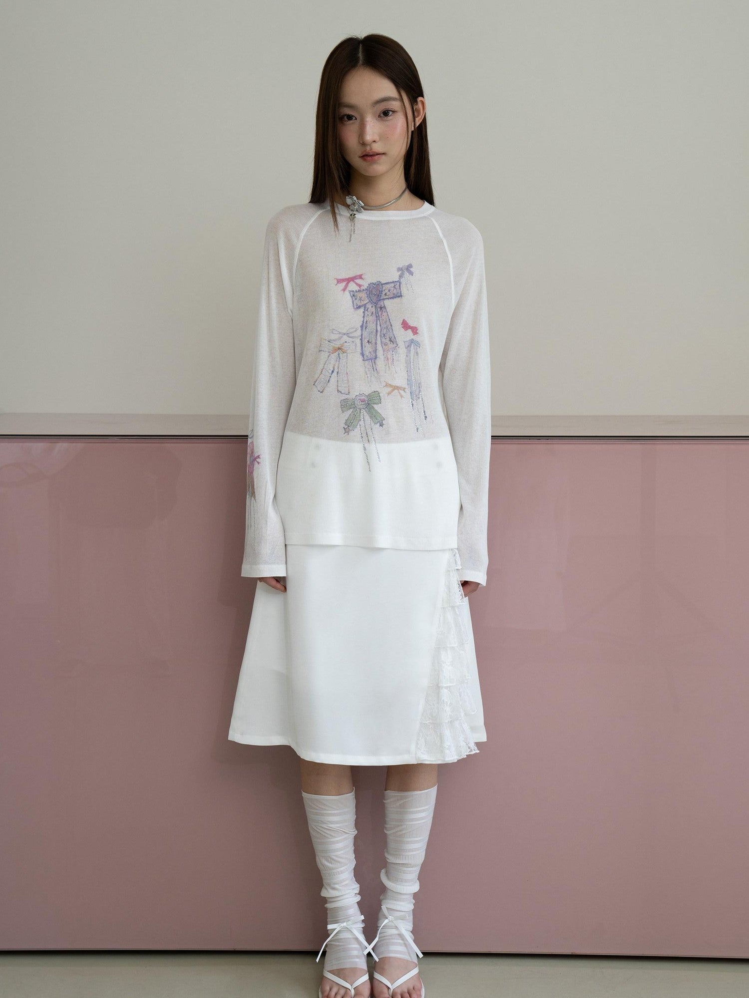 THELIGHT OFFICIAL White Printed Bow Women's Lyocell Linen Blend Long Sleeve T-shirts