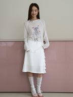 THELIGHT OFFICIAL White Printed Bow Women's Lyocell Linen Blend Long Sleeve T-shirts