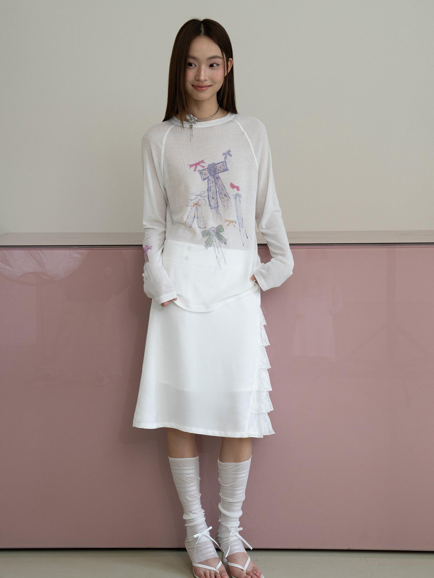 THELIGHT OFFICIAL White Printed Bow Women's Lyocell Linen Blend Long Sleeve T-shirts