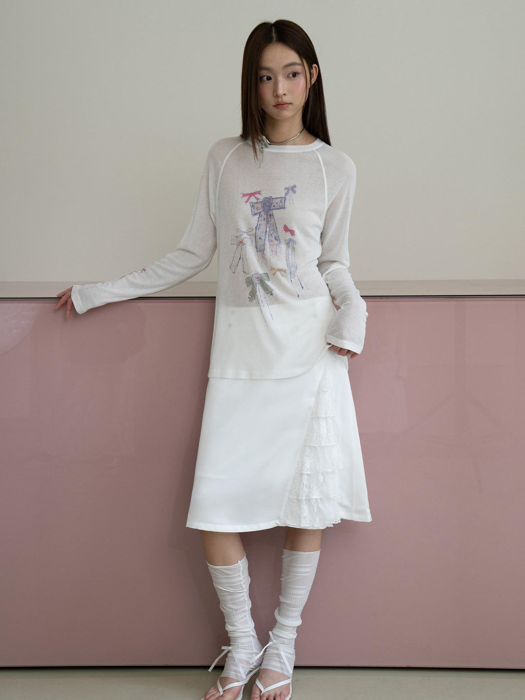 THELIGHT OFFICIAL White Printed Bow Women's Lyocell Linen Blend Long Sleeve T-shirts