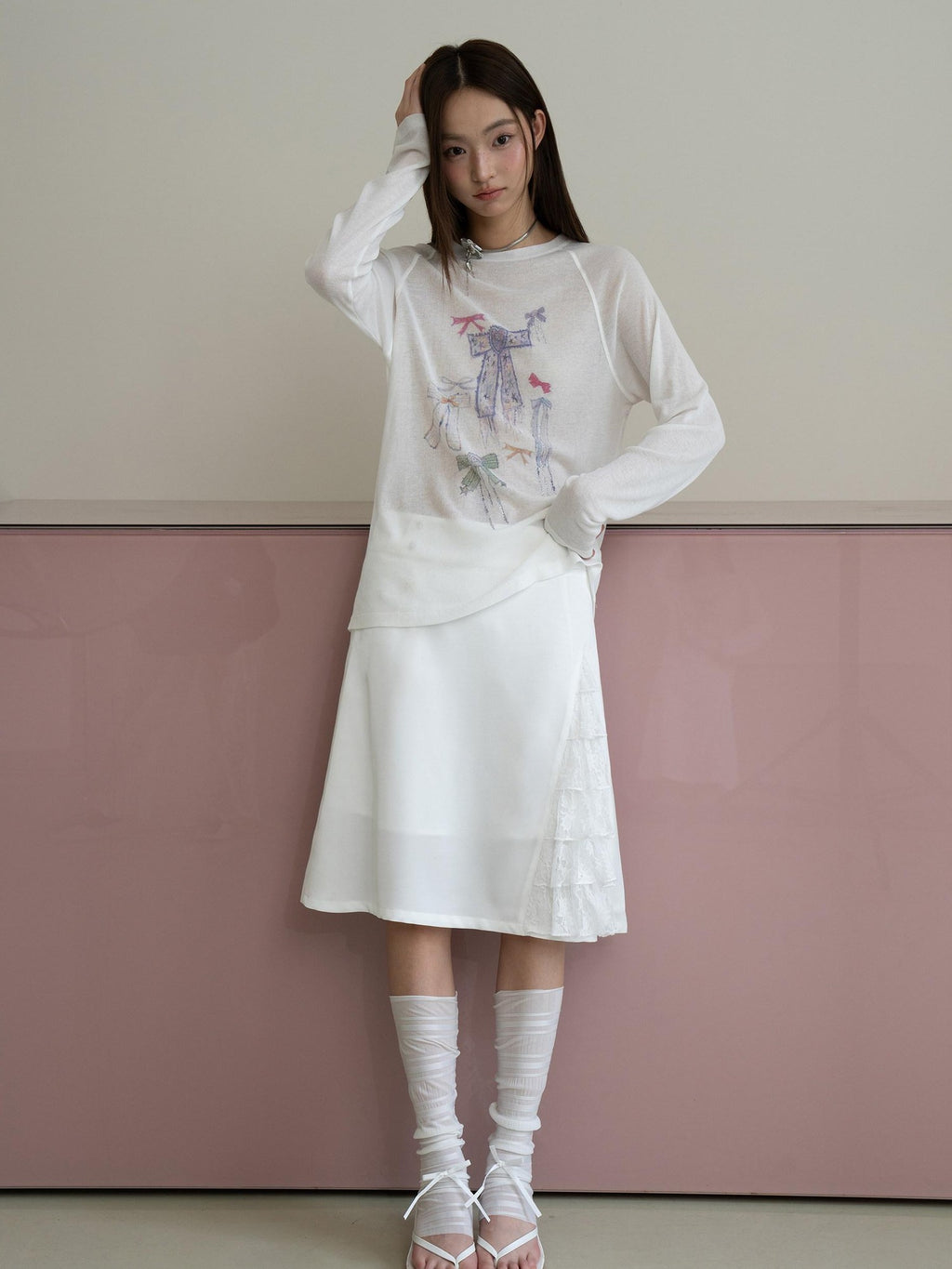 THELIGHT OFFICIAL White Printed Bow Women's Lyocell Linen Blend Long Sleeve T-shirts