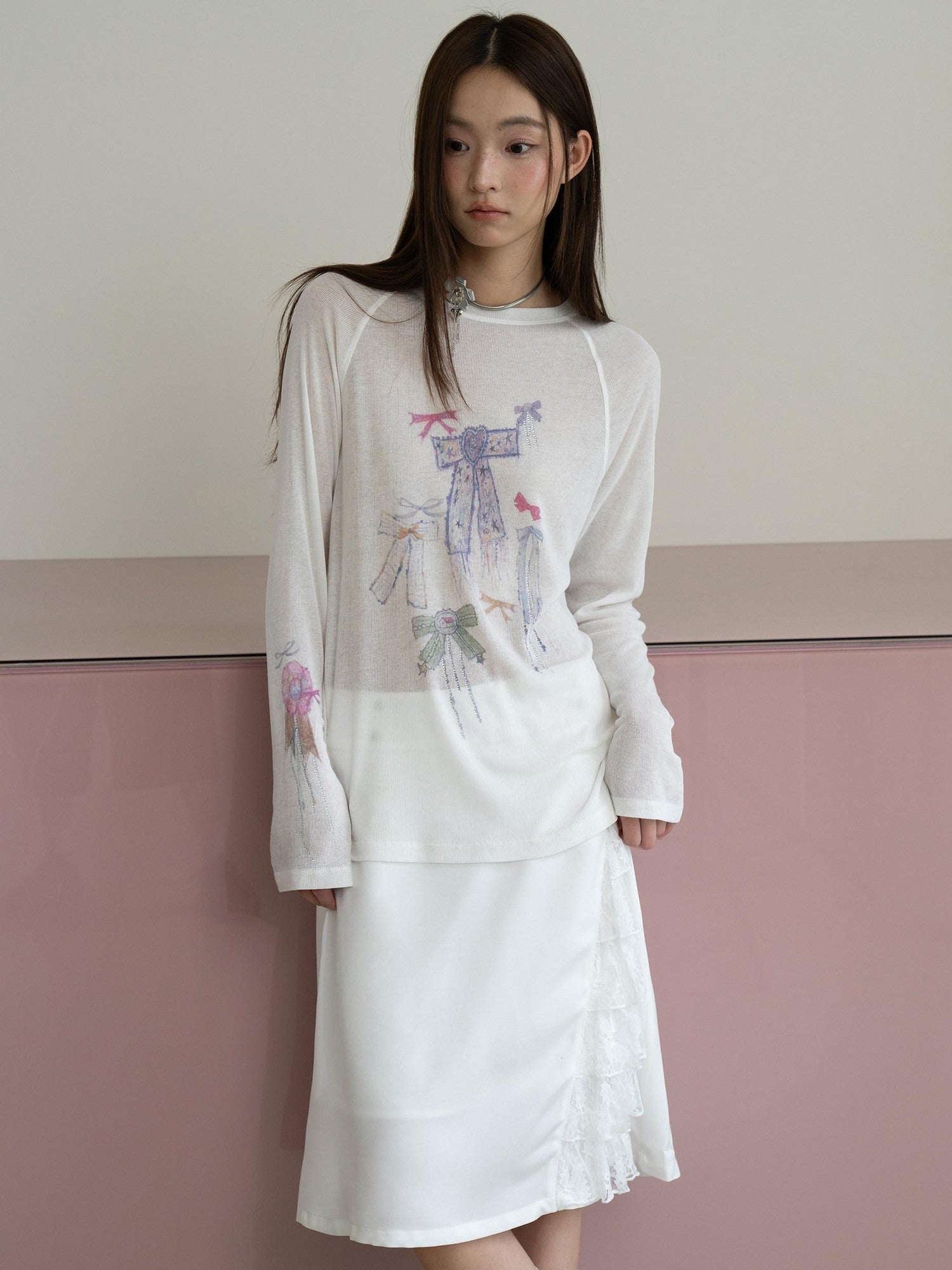 THELIGHT OFFICIAL White Printed Bow Women's Lyocell Linen Blend Long Sleeve T-shirts