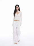 THELIGHT OFFICIAL White Printed Floral Bow Cargo Pockets Straight Loose Women's Nylon Chinos 959140655631