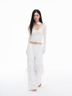 THELIGHT OFFICIAL White Printed Floral Bow Cargo Pockets Straight Loose Women's Nylon Chinos 959140655631