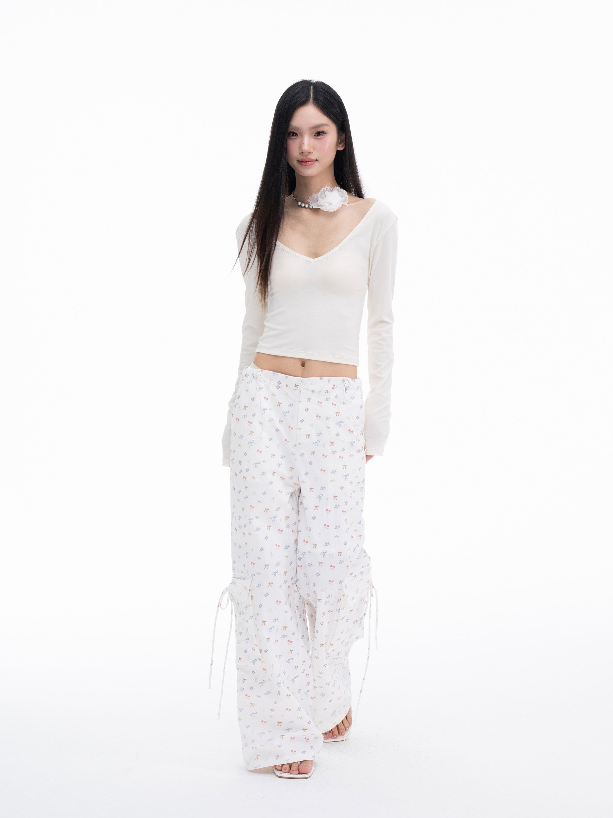 THELIGHT OFFICIAL White Printed Floral Bow Cargo Pockets Straight Loose Women's Nylon Chinos 959140655631