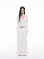THELIGHT OFFICIAL White Printed Floral Bow Cargo Pockets Straight Loose Women's Nylon Chinos