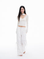 THELIGHT OFFICIAL White Printed Floral Bow Cargo Pockets Straight Loose Women's Nylon Chinos