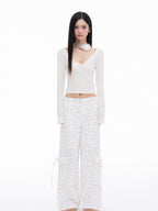 THELIGHT OFFICIAL White Printed Floral Bow Cargo Pockets Straight Loose Women's Nylon Chinos