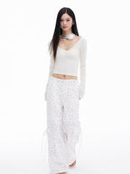 THELIGHT OFFICIAL White Printed Floral Bow Cargo Pockets Straight Loose Women's Nylon Chinos
