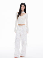 THELIGHT OFFICIAL White Printed Floral Bow Cargo Pockets Straight Loose Women's Nylon Chinos