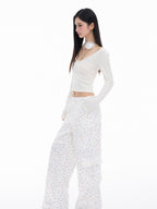 THELIGHT OFFICIAL White Printed Floral Bow Cargo Pockets Straight Loose Women's Nylon Chinos