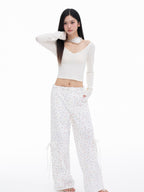 THELIGHT OFFICIAL White Printed Floral Bow Cargo Pockets Straight Loose Women's Nylon Chinos
