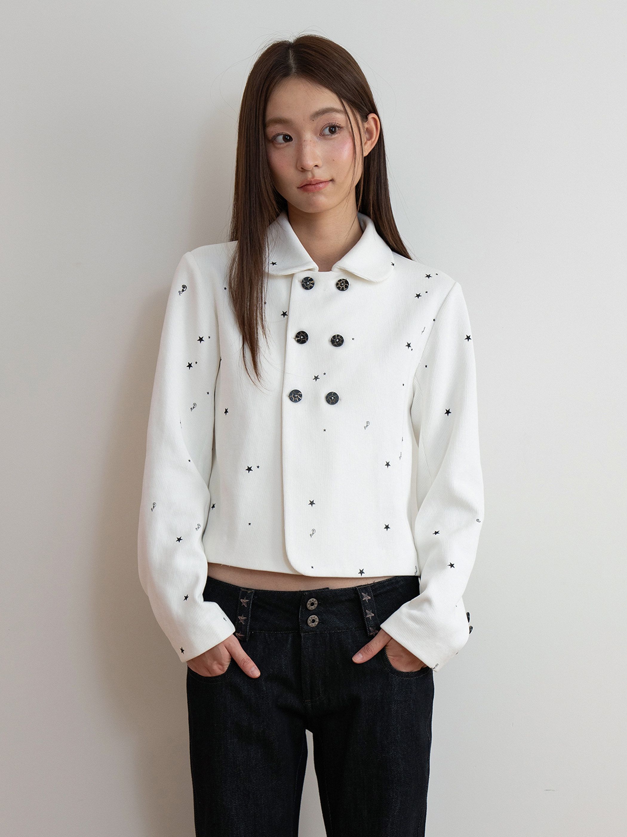 THELIGHT OFFICIAL White Printed Floral Double Breasted Lapel Slim Women's Cotton Cropped Jackets 984939883239