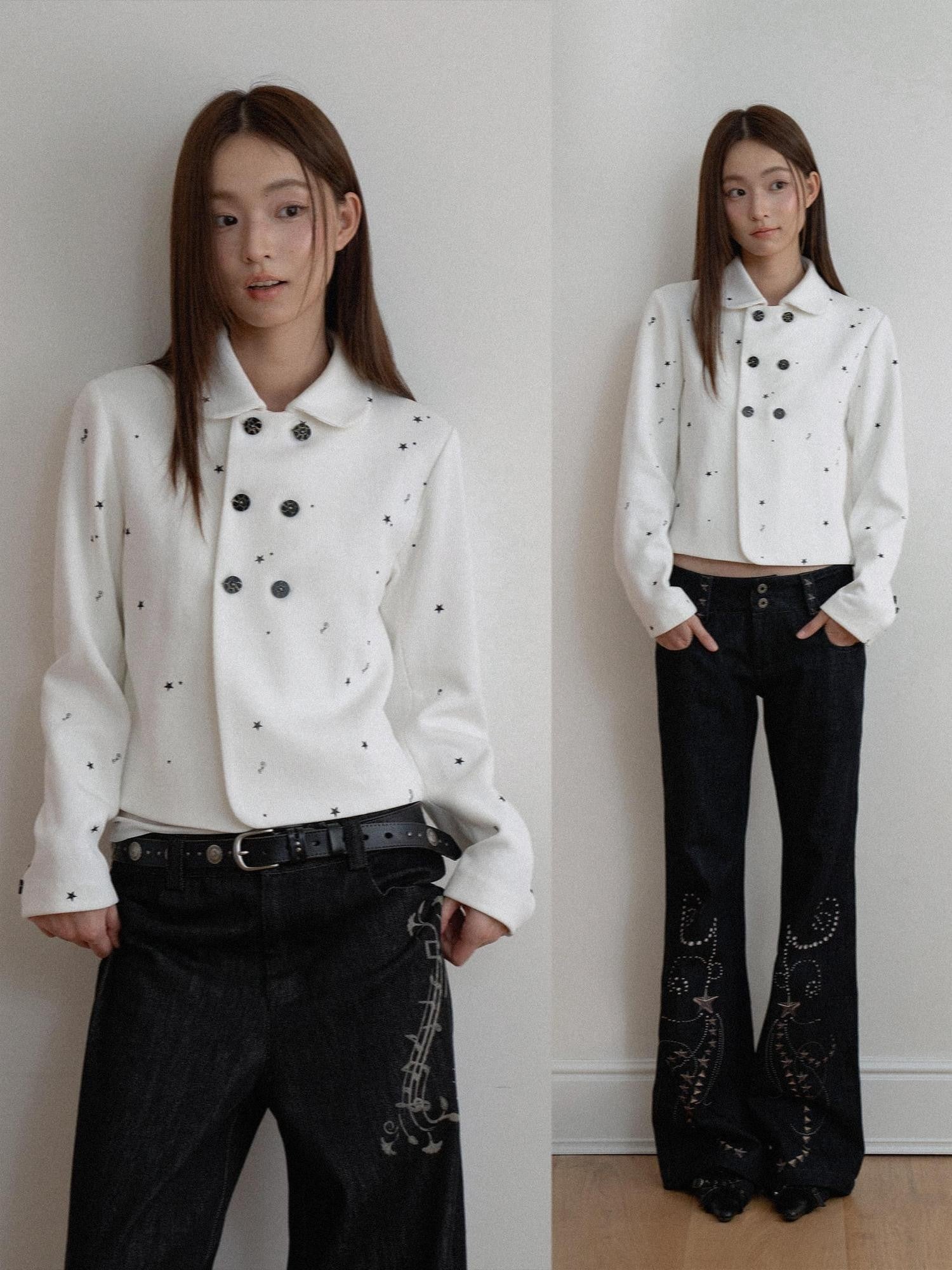 THELIGHT OFFICIAL White Printed Floral Double Breasted Lapel Slim Women's Cotton Cropped Jackets