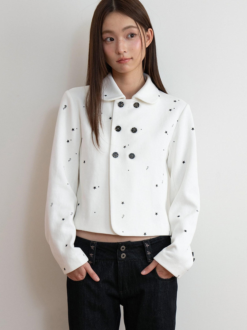 THELIGHT OFFICIAL White Printed Floral Double Breasted Lapel Slim Women's Cotton Cropped Jackets