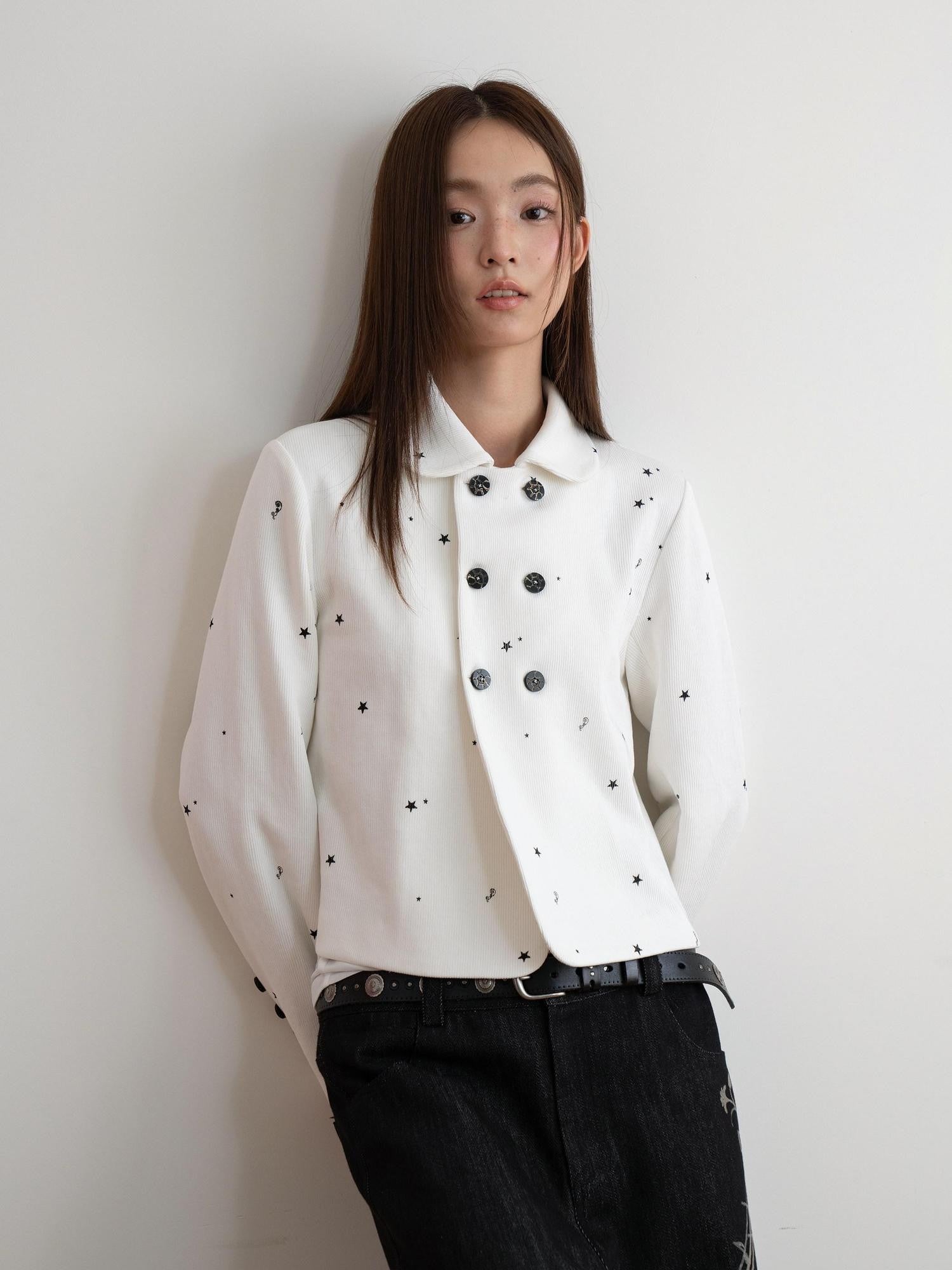 THELIGHT OFFICIAL White Printed Floral Double Breasted Lapel Slim Women's Cotton Cropped Jackets