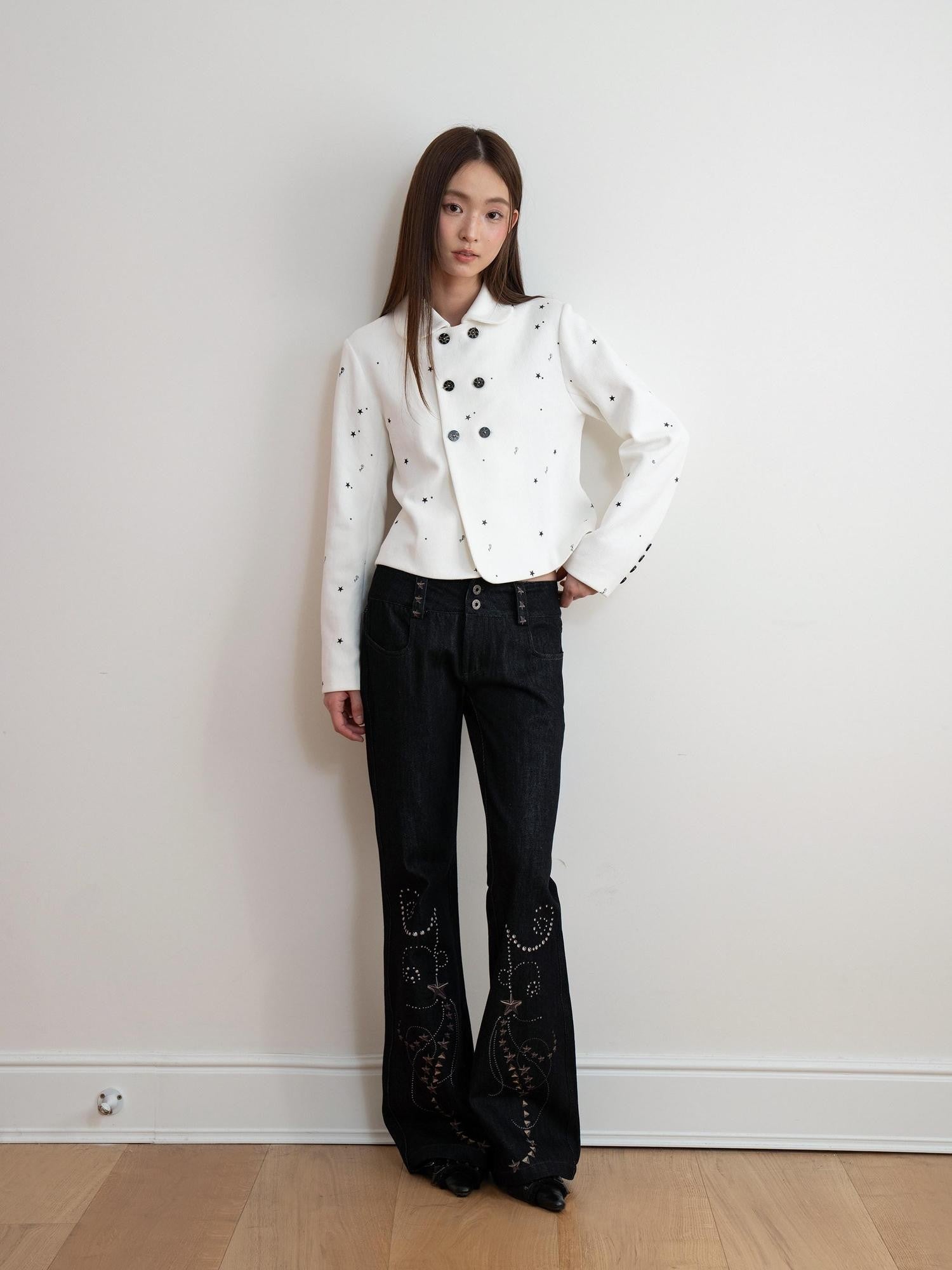 THELIGHT OFFICIAL White Printed Floral Double Breasted Lapel Slim Women's Cotton Cropped Jackets