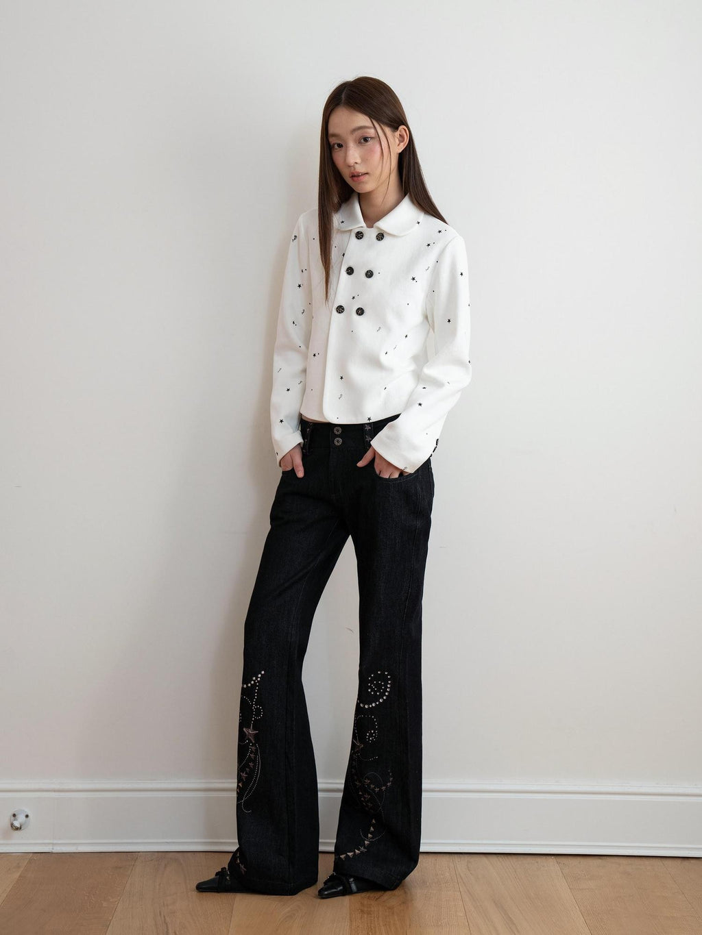 THELIGHT OFFICIAL White Printed Floral Double Breasted Lapel Slim Women's Cotton Cropped Jackets