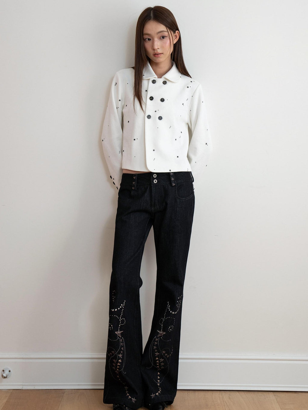 THELIGHT OFFICIAL White Printed Floral Double Breasted Lapel Slim Women's Cotton Cropped Jackets
