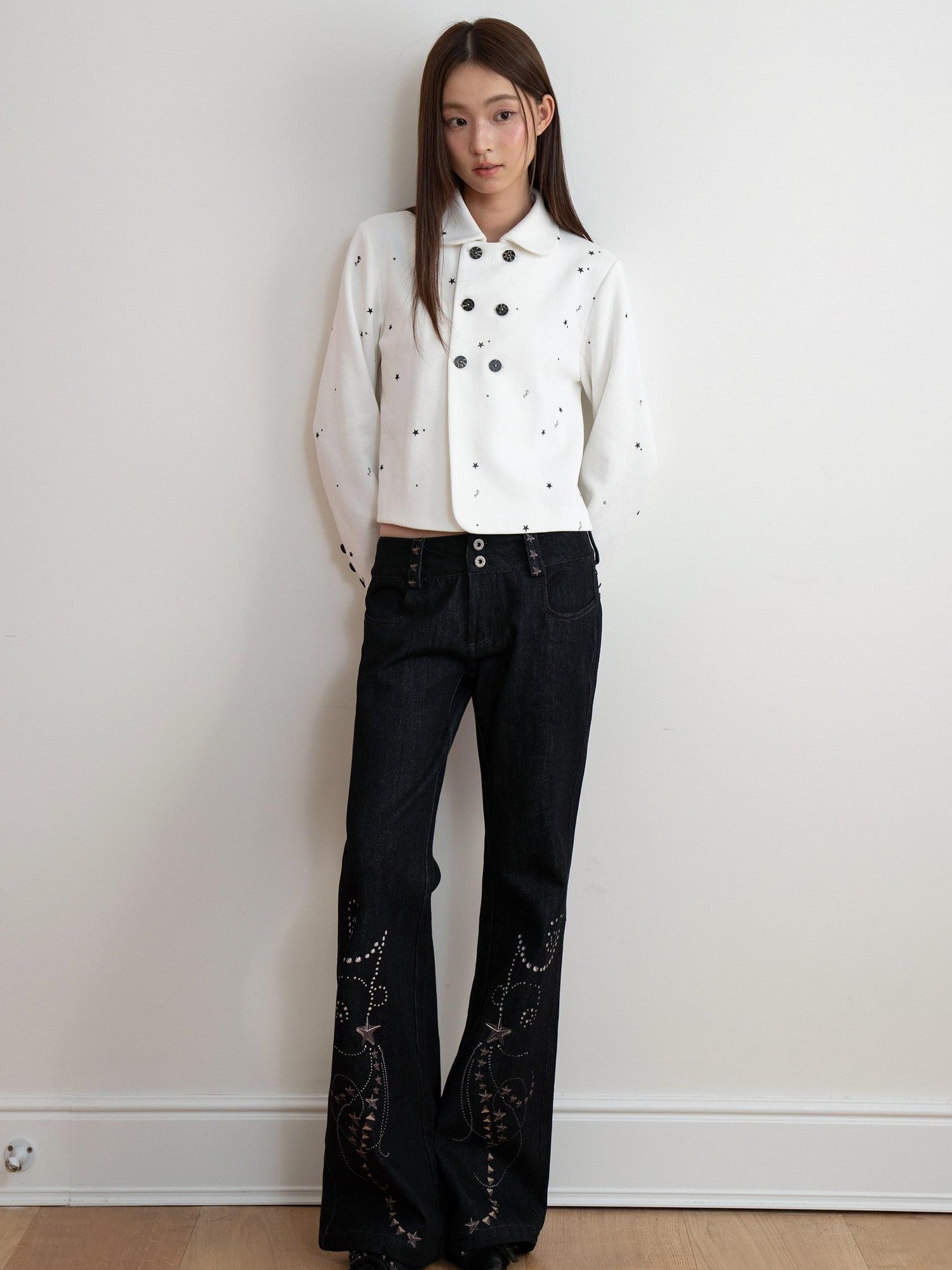 THELIGHT OFFICIAL White Printed Floral Double Breasted Lapel Slim Women's Cotton Cropped Jackets