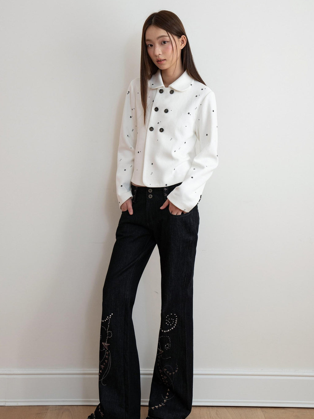 THELIGHT OFFICIAL White Printed Floral Double Breasted Lapel Slim Women's Cotton Cropped Jackets