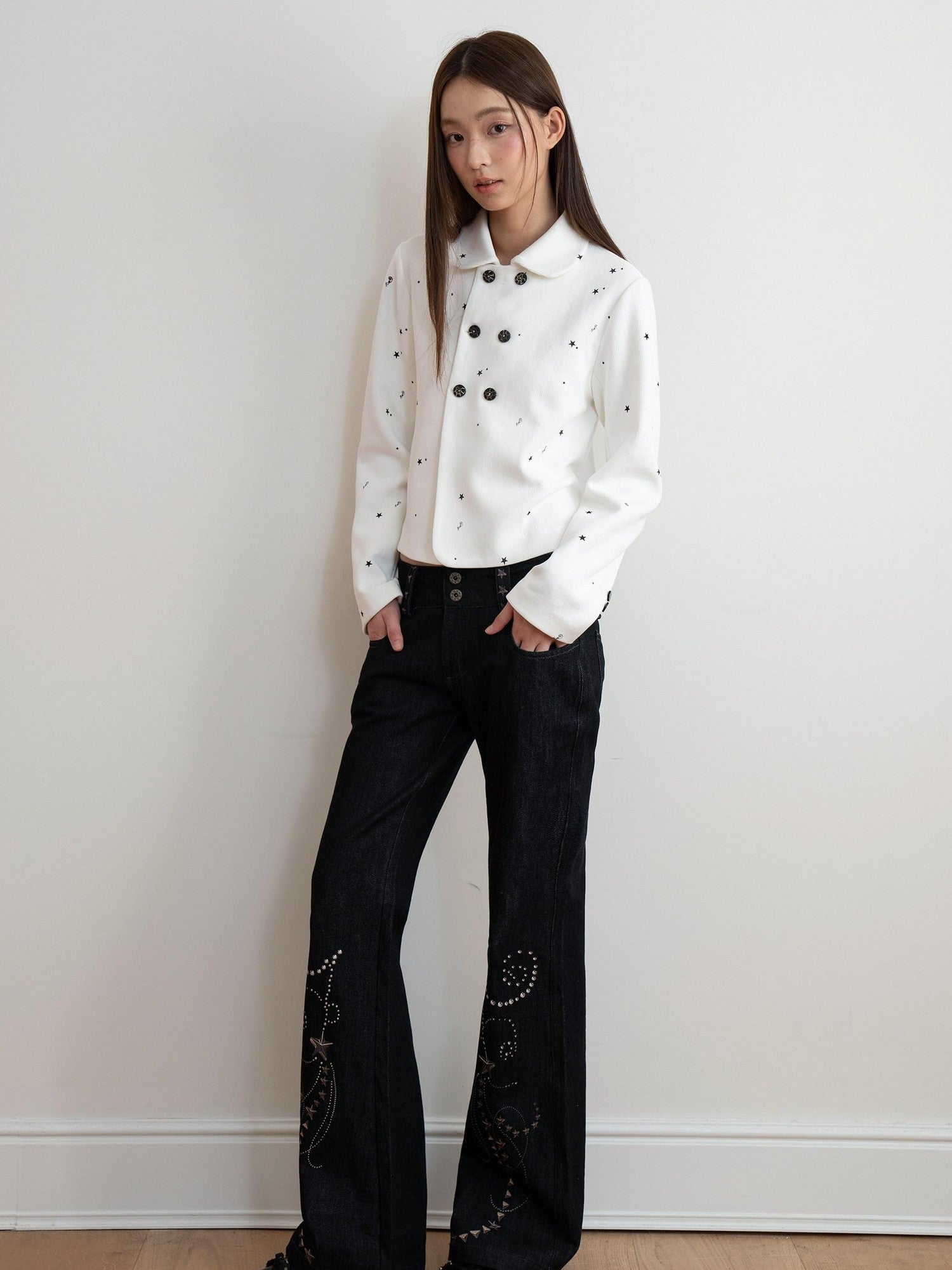 THELIGHT OFFICIAL White Printed Floral Double Breasted Lapel Slim Women's Cotton Cropped Jackets