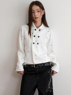 THELIGHT OFFICIAL White Printed Floral Double Breasted Lapel Slim Women's Cotton Cropped Jackets