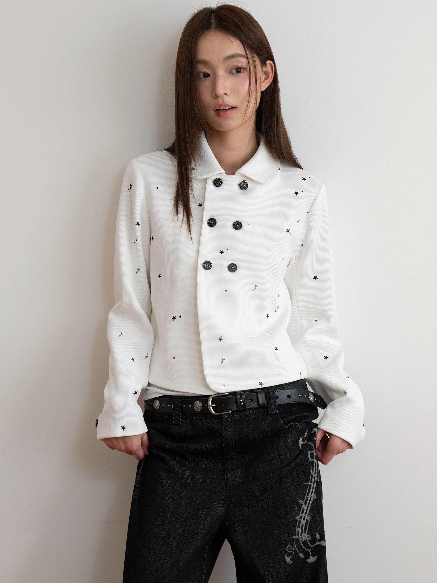 THELIGHT OFFICIAL White Printed Floral Double Breasted Lapel Slim Women's Cotton Cropped Jackets