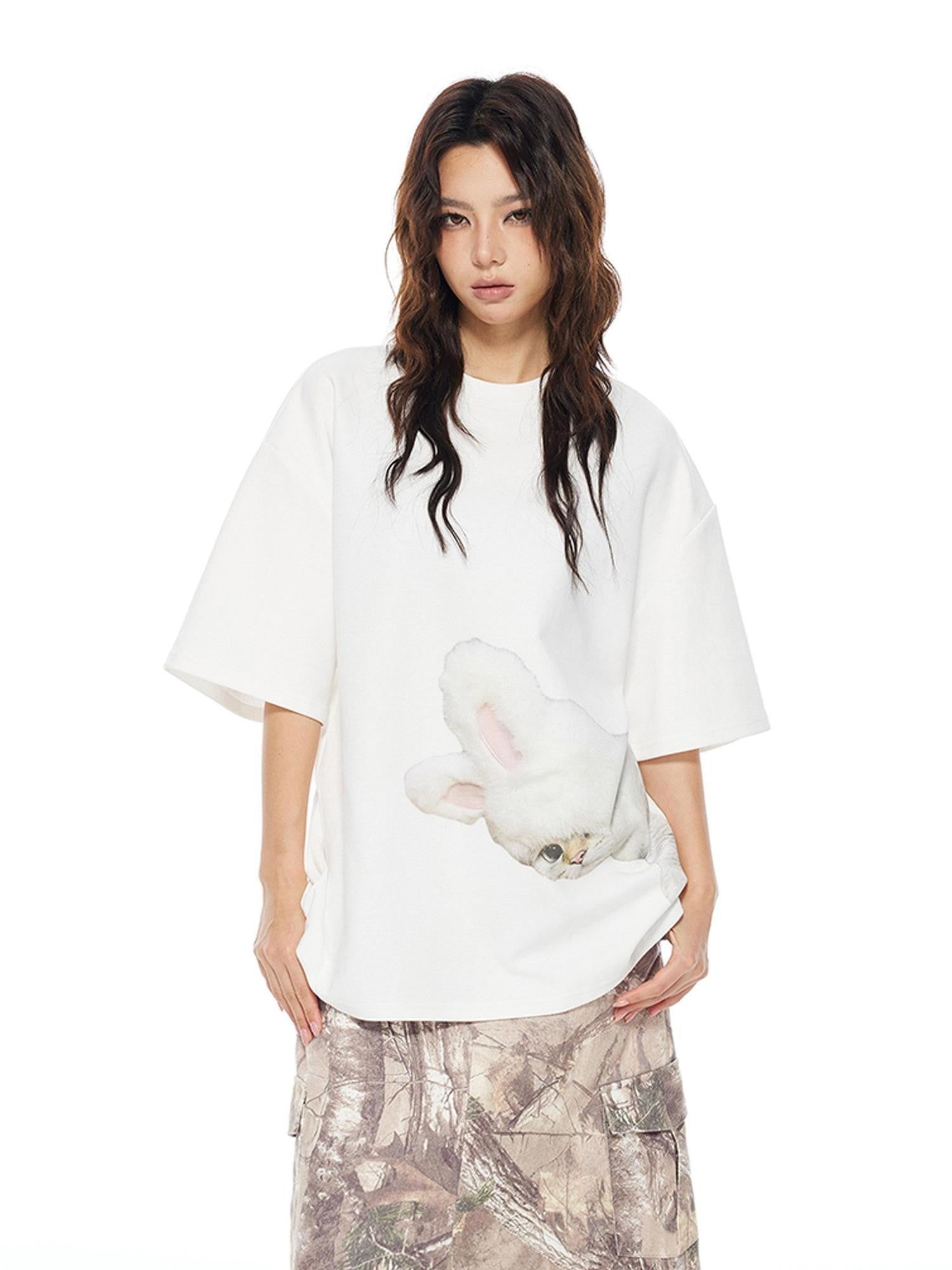 THELIGHT OFFICIAL White Printed Loose Crew Neck Women's Cotton Blend Short Sleeve T-shirts