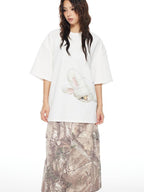 THELIGHT OFFICIAL White Printed Loose Crew Neck Women's Cotton Blend Short Sleeve T-shirts